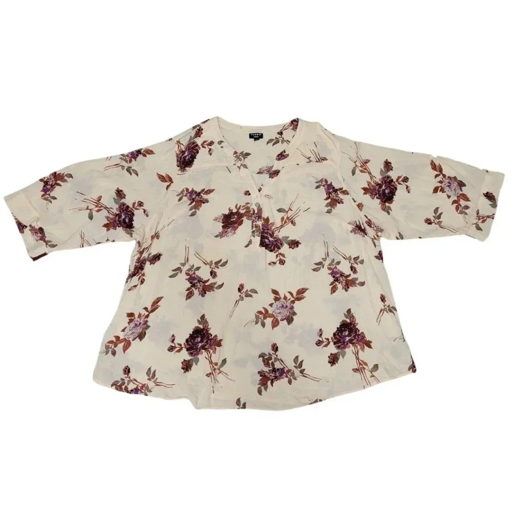 Torrid Harper Challis 3/4 Sleeve Blouse Women's Beige Brown Floral Size 4X/26